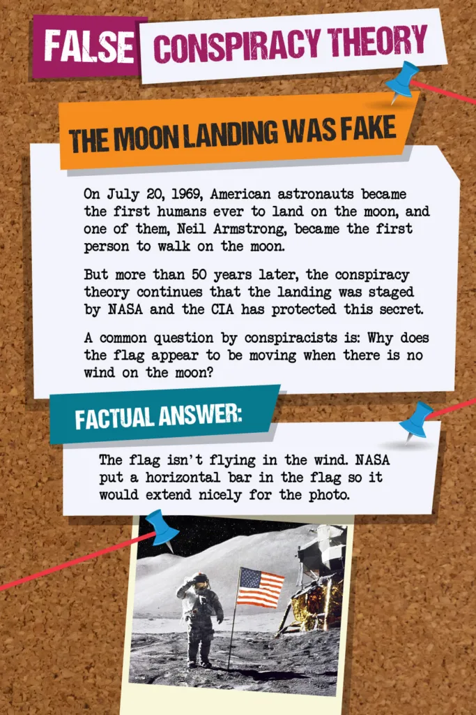 False Conspiracy Theory: THE MOON LANDING WAS FAKE On July 20, 1969, American astronauts became the first humans ever to land on the moon, and one of them, Neil Armstrong, became the first person to walk on the moon. But more than 50 years later, the conspiracy theory continues that the landing was staged by NASA and the CIA has protected this secret. A common question by conspiracists is: Why does the flag appear to be moving when there is no wind on the moon? FACTUAL ANSWER: The flag isn't flying in the wind. NASA put a horizontal bar in the flag so it would extend nicely for the photo.