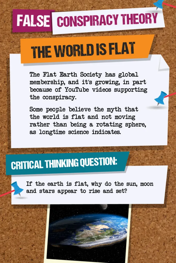 False Conspiracy Theory: The world is flat. The Flat Earth Society has global membership, and it’s growing, in part because of YouTube videos supporting the conspiracy. Some people believe the myth that the world is flat and not moving rather than being a rotating sphere, as longtime science indicates. CRITICAL THINKING QUESTION: If the earth is flat, why do the sun, moon and stars appear to rise and set?