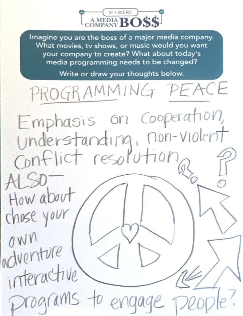 [Disclaimer: grammar left as authors intended] Programming Peace - Emphasis on cooperation, understanding, non - violent conflict resolution ALSO - How about chose your own adventure interactive programs to engage people?