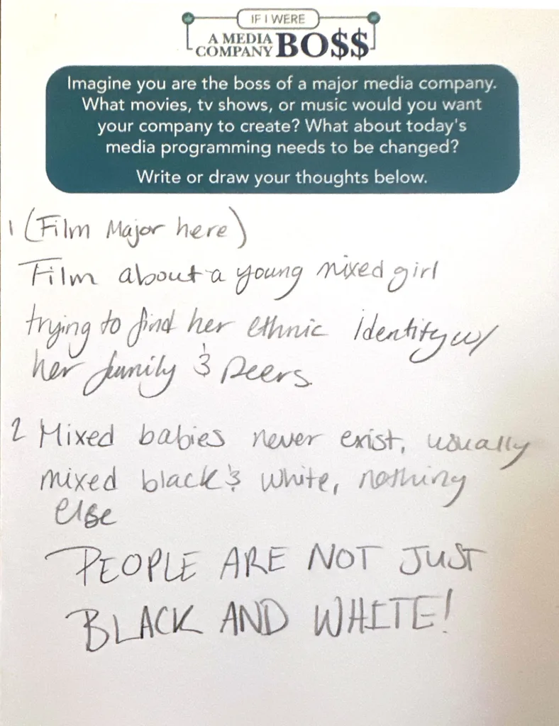 [Disclaimer: grammar left as authors intended] 1 (Film Major here) Film about a young mixed girl trying to find her ethnic identity w/ her family & peers. 2 Mixed babies never exist, usually mixed black & white, nothing else PEOPLE ARE NOT JUST BLACK AND WHITE!