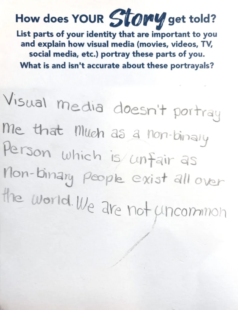 [Disclaimer: grammar left as authors intended] Visual media doesn’t portray me that much as a non-binary person which is unfair as a non-binary people exist all over the world we are not uncommon